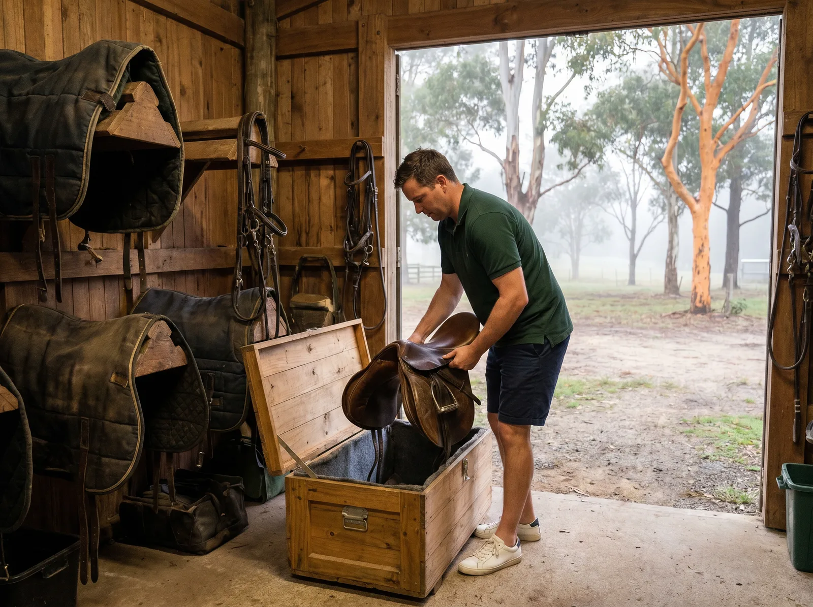 A mover lifting a stock saddle into a padded timber crate inside a tack room hung with saddles and bridles