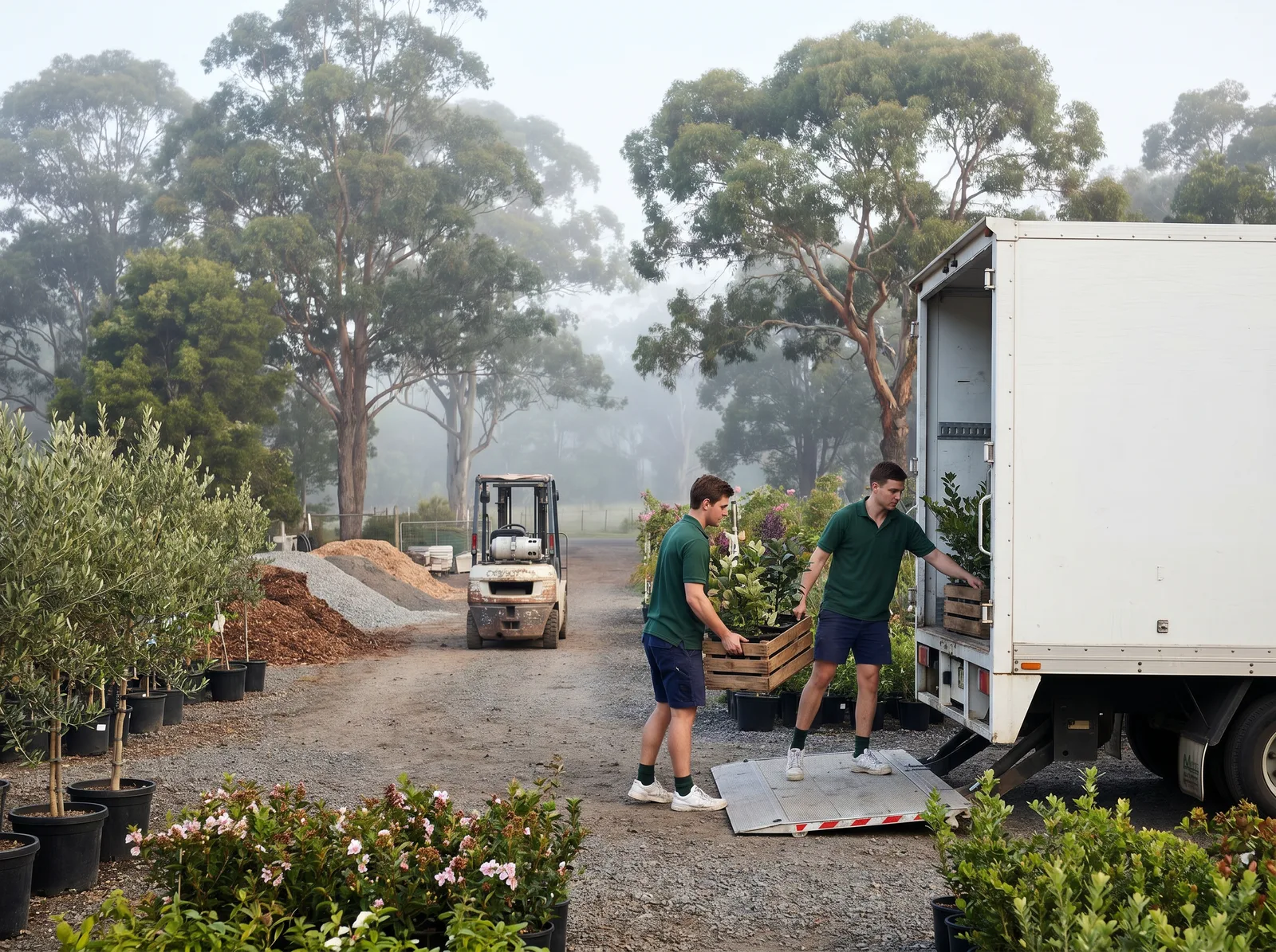 Removalists loading timber crates and potted plants onto the tailgate lifter of a truck in a nursery yard