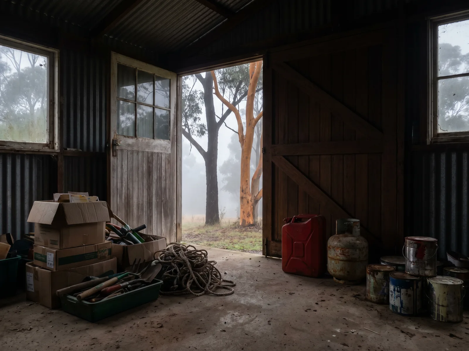 A shed being sorted for a move, with a jerry can, gas bottle and paint tins set apart near the door